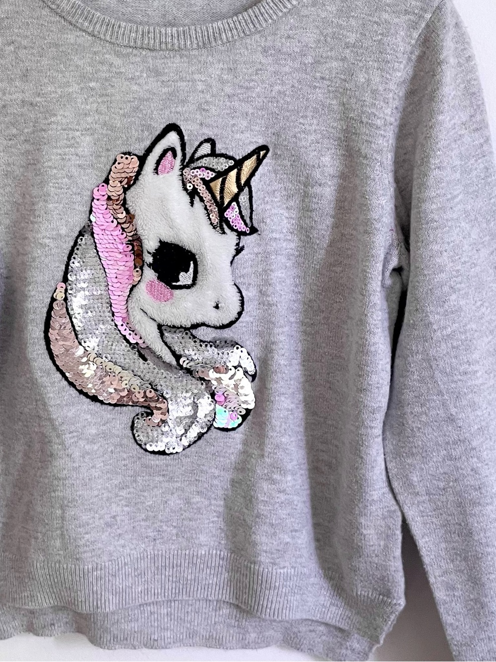 $6 💥Flip Sequins & Plush Unicorn Fine-Knit Cotton Sweater, Silver Pink Gold